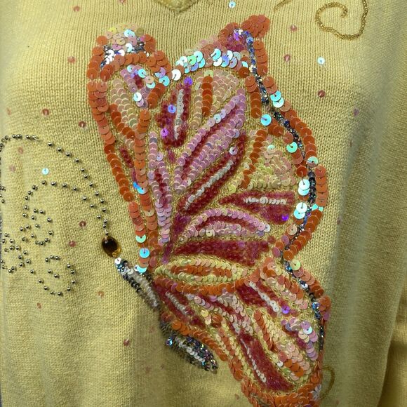 Quacker Factory Women’s MEDIUM Yellow Sequin Butterfly Sweater Whimsical SZ 1X - Picture 9 of 14